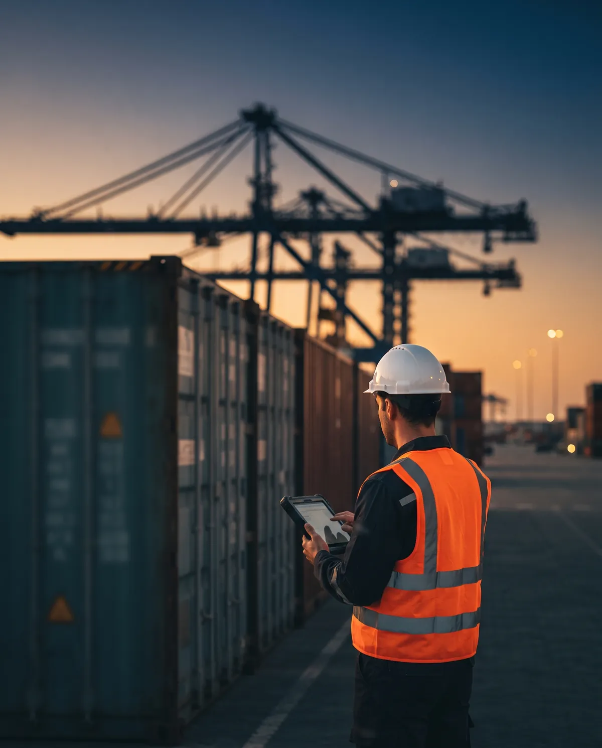 Quality inspector with a tablet checking containers at a port at sunset