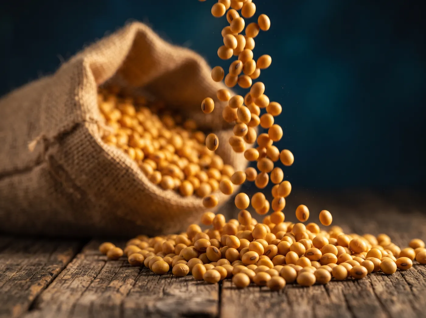 Golden soybeans pouring from a jute sack