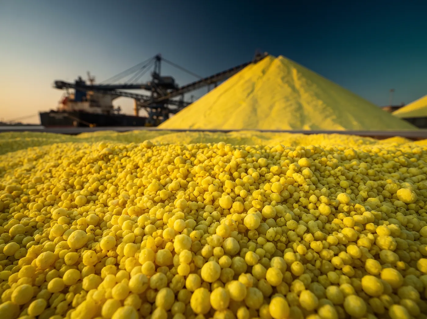 Yellow granular sulphur with a large stockpile and ship loader at a port
